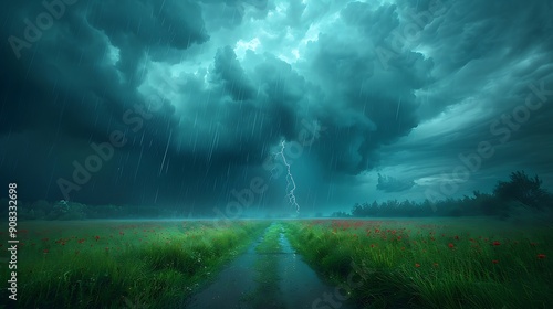 Fototapeta Naklejka Na Ścianę i Meble -  A dramatic and clear photo of a stormy sky with dark clouds and heavy rain pouring down over a landscape. 