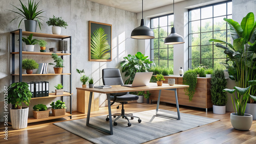 Modern office interior with motivational poster on wall, desk, chair, and laptop, surrounded by plants, conveying a sense of professional and organized workspace.