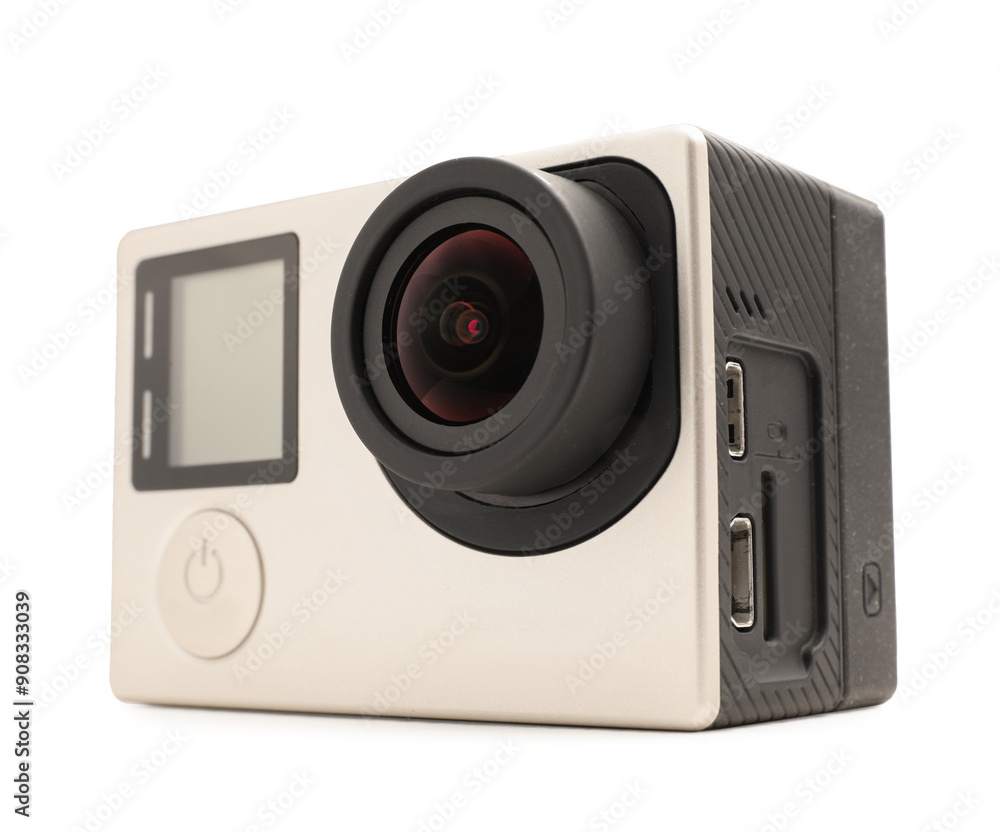 One modern action camera isolated on white One modern action camera isolated on white