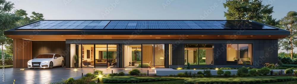 Modern house with integrated solar roof tiles Modern house with integrated solar roof tiles
