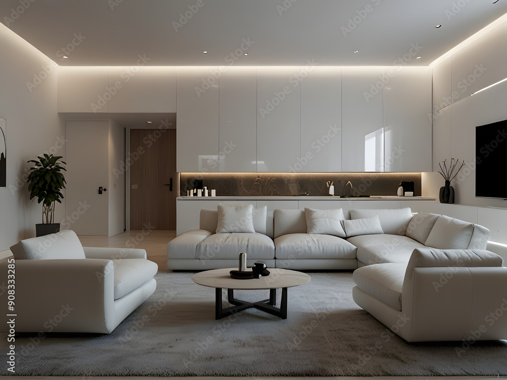 Ultra-Clean Minimalist Living Room with White Glossy Surfaces, Minimal Furniture, and Subtle LED Lighting Ultra-Clean Minimalist Living Room with White Glossy Surfaces, Minimal Furniture, and Subtle LED Lighting