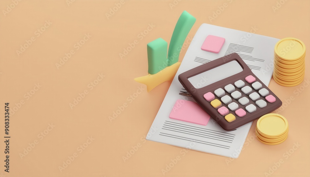 An organized workspace featuring a calculator, financial documents, and coins on an orange background, symbolizing finance and budgeting. An organized workspace featuring a calculator, financial documents, and coins on an orange background, symbolizing finance and budgeting.
