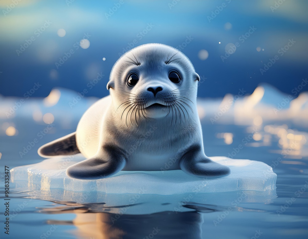 Naklejka premium A baby seal rests on a small iceberg