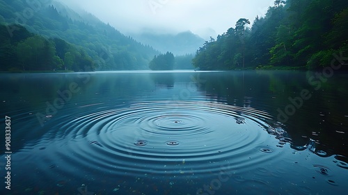 A peaceful and sharp photo of a calm lake with gentle raindrops creating ripples on the water's surface.  photo