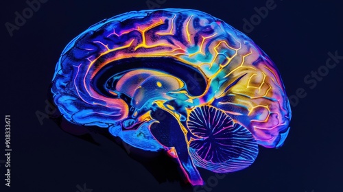 A PET scan image of the human brain, showing areas of high and low metabolic activity with vibrant color contrasts, set against a dark background to enhance the visibility of the functional regions,
