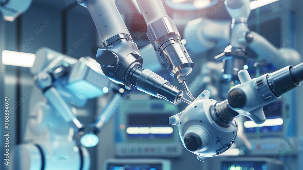 A robotic surgery image capturing the precision and technology involved in a minimally invasive procedure, highlighting the robotic arms and tools, set in a sterile operating room with advanced A robotic surgery image capturing the precision and technology involved in a minimally invasive procedure, highlighting the robotic arms and tools, set in a sterile operating room with advanced