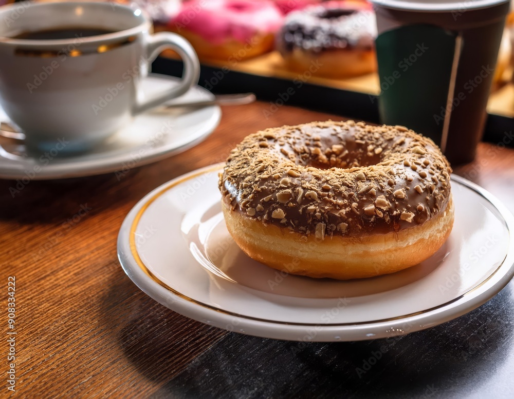 A chocolate covered donut with sprinkles sits on a white plate A chocolate covered donut with sprinkles sits on a white plate