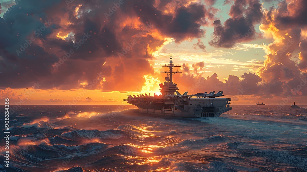 A vibrant image of an aircraft carrier in the open sea with a defense system, showcasing national defense A vibrant image of an aircraft carrier in the open sea with a defense system, showcasing national defense