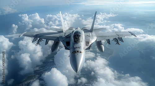 An impressive photo of a fighter jet in the sky with a navigation system, showcasing combat readiness  photo