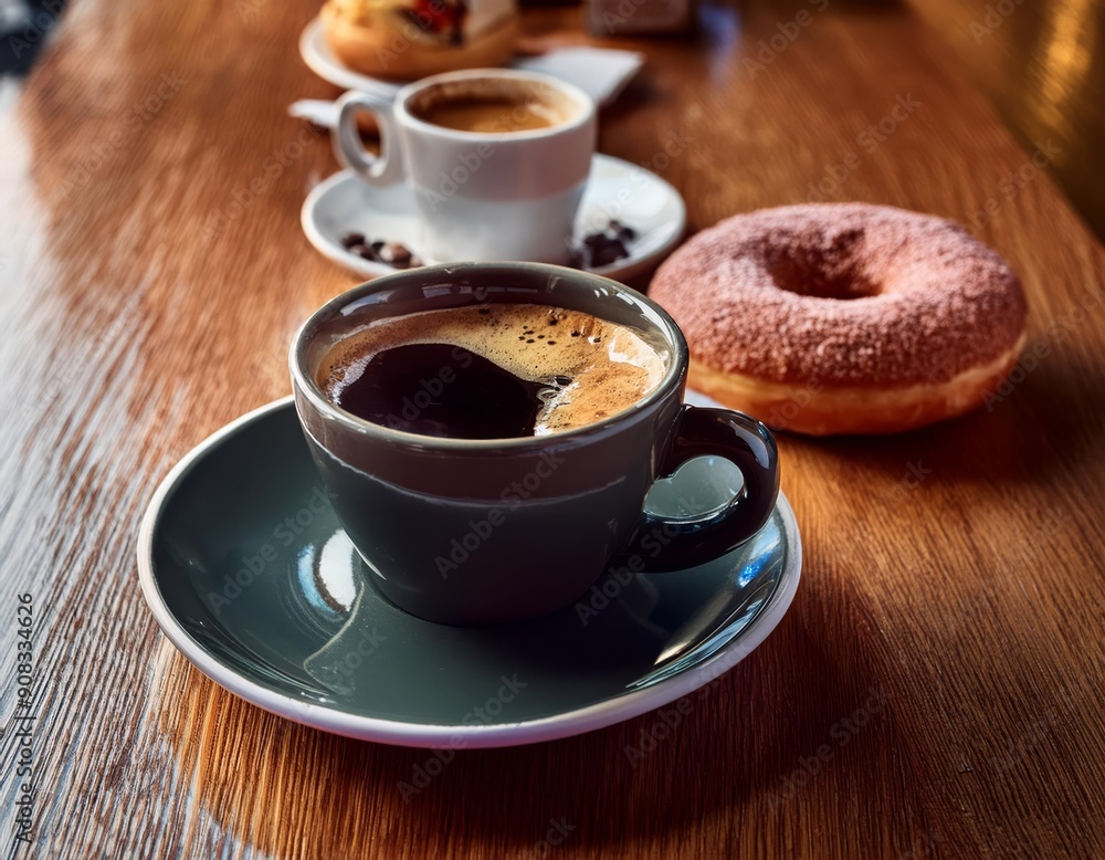 A cup of coffee with a donut on a wooden table A cup of coffee with a donut on a wooden table
