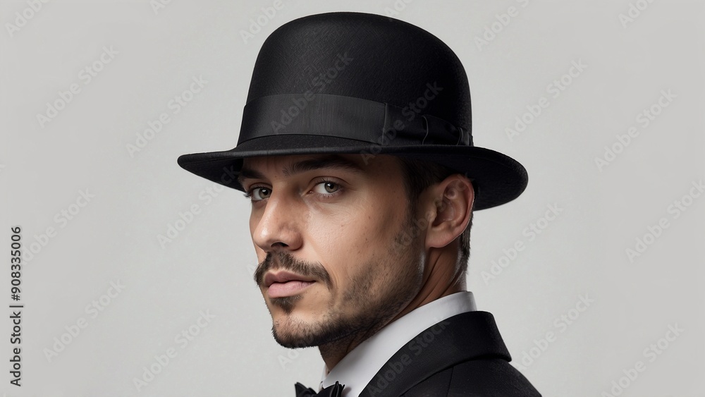 Man in suit and bowler hat looking confidently to side. Man in suit and bowler hat looking confidently to side.