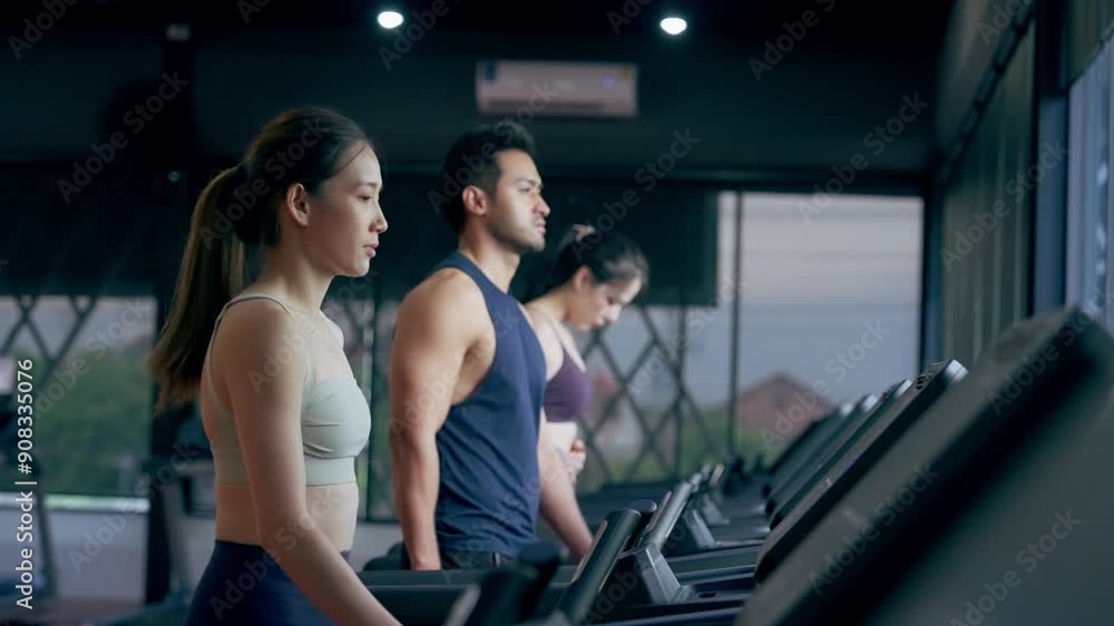 Fit young woman and man running on a treadmill during a workout class at fitness gym