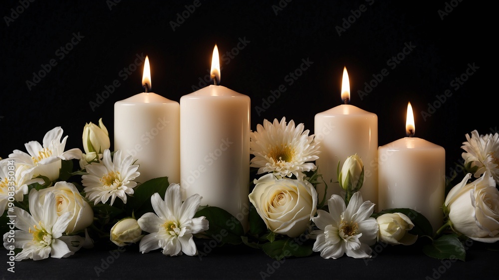 Lit candles with white flowers arranged in the background Lit candles with white flowers arranged in the background