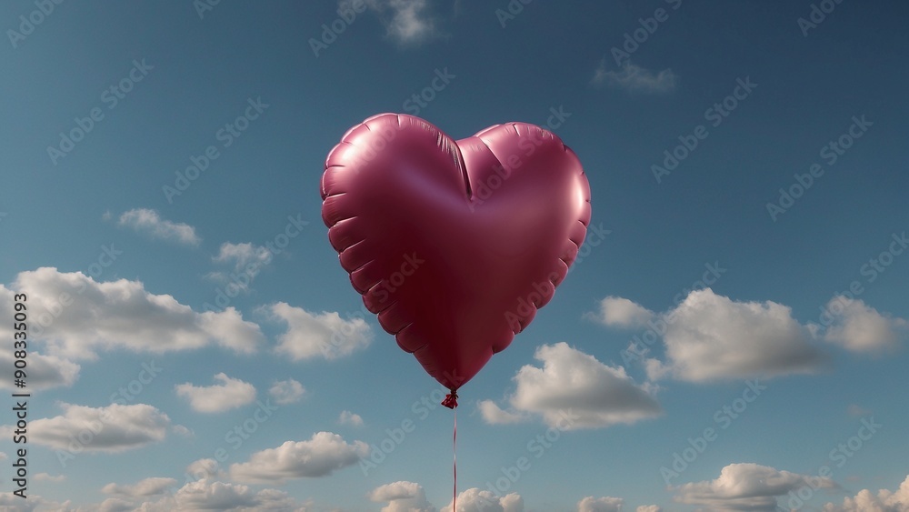 Fototapeta premium Single pink heart balloon floating in a cloudy sky