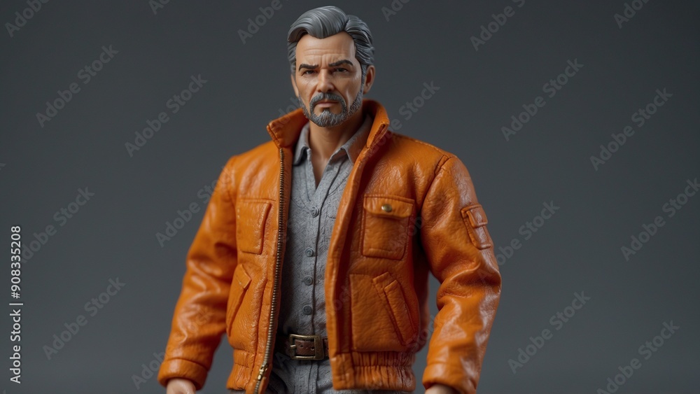 Action figure of bearded man in orange jacket standing. Action figure of bearded man in orange jacket standing.