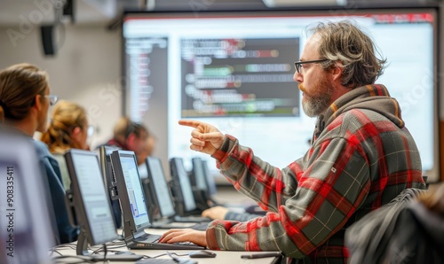 Technology lecture coding examples on screen techsavvy lecturer modern classroom
