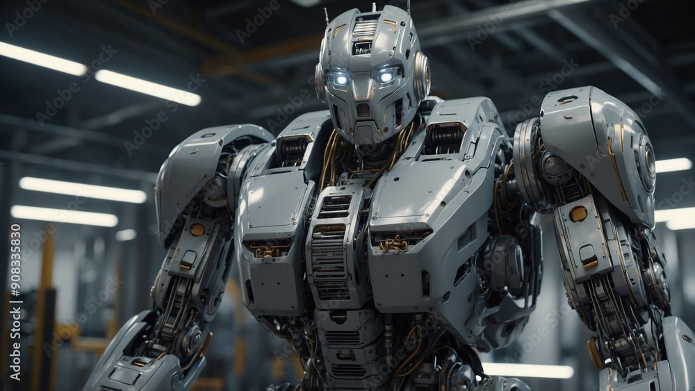 Robot standing in an industrial setting, with bright lights. Robot standing in an industrial setting, with bright lights.