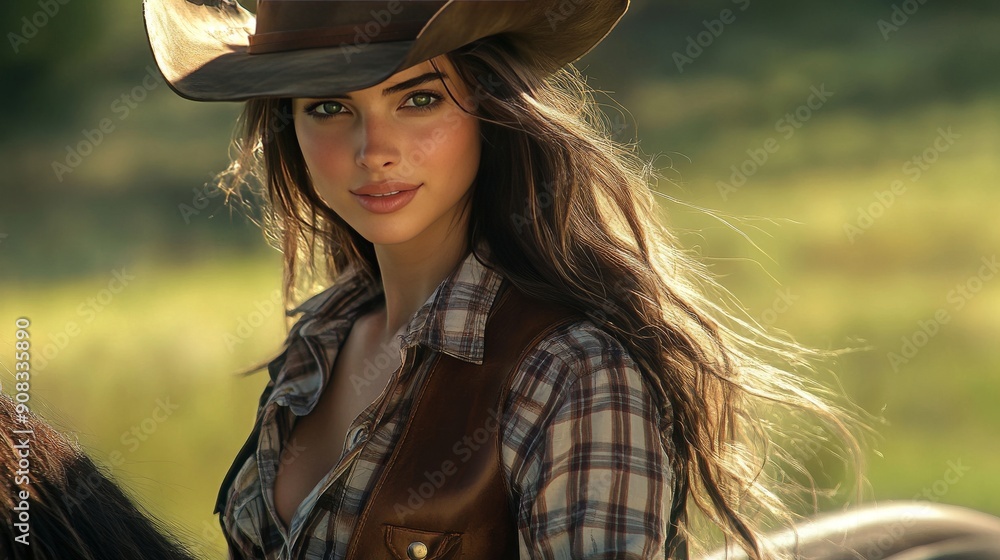 The 25-year-old long-haired woman is a charming cowboy who rides with grace and confidence. A warm smile. Her face is bright. His elegance and charm are irresistible. The background is a green meadow The 25-year-old long-haired woman is a charming cowboy who rides with grace and confidence. A warm smile. Her face is bright. His elegance and charm are irresistible. The background is a green meadow