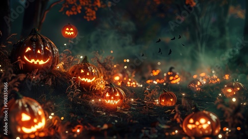 Pumpkins In Graveyard In The Spooky Night