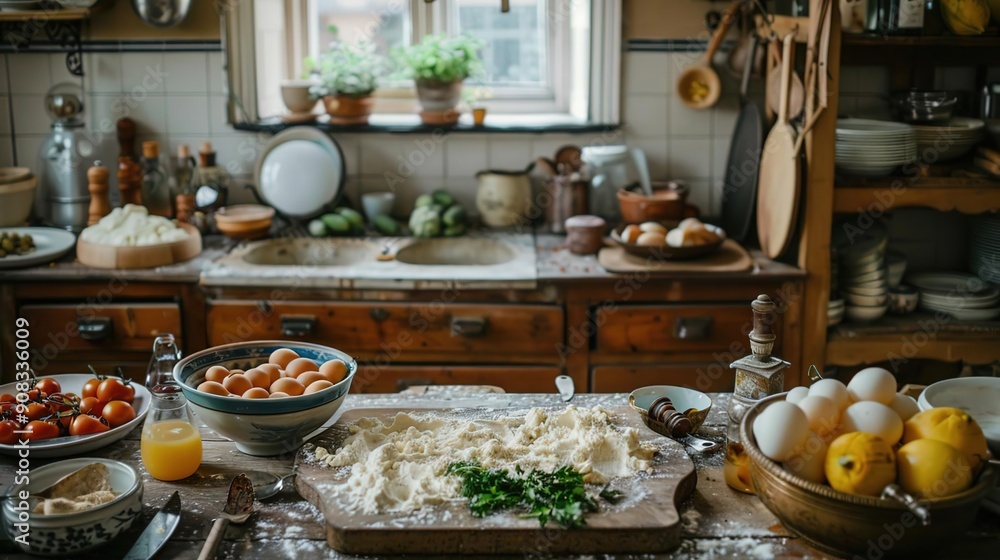 Rustic Kitchen with Flour and Eggs on Table, Real Image Rustic Kitchen with Flour and Eggs on Table, Real Image
