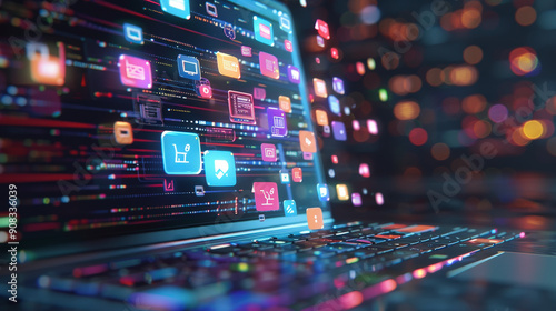 A laptop displaying numerous digital icons and applications, symbolizing online connectivity, digital shopping, and a bustling digital ecosystem in a technologically advanced world.