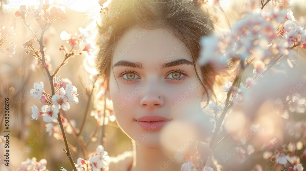 A woman amidst blooming cherry blossoms, bathed in warm sunlight, gazes serenely into the camera, embodying the essence of spring beauty. A woman amidst blooming cherry blossoms, bathed in warm sunlight, gazes serenely into the camera, embodying the essence of spring beauty.
