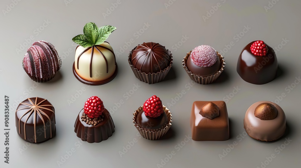 Assortment of Delicious Chocolate Truffles with Raspberry and Mint - 3D Illustration Assortment of Delicious Chocolate Truffles with Raspberry and Mint - 3D Illustration