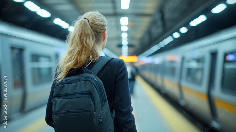 Woman with Backpack Waiting for Subway Train Woman with Backpack Waiting for Subway Train