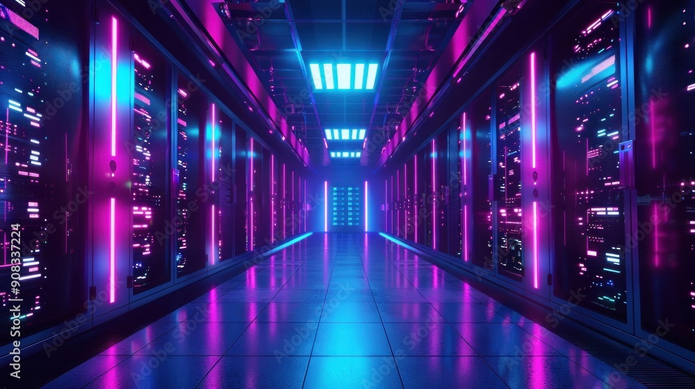 Neonlit data center hallway with vibrant signs and lights for business and technology concept Neonlit data center hallway with vibrant signs and lights for business and technology concept