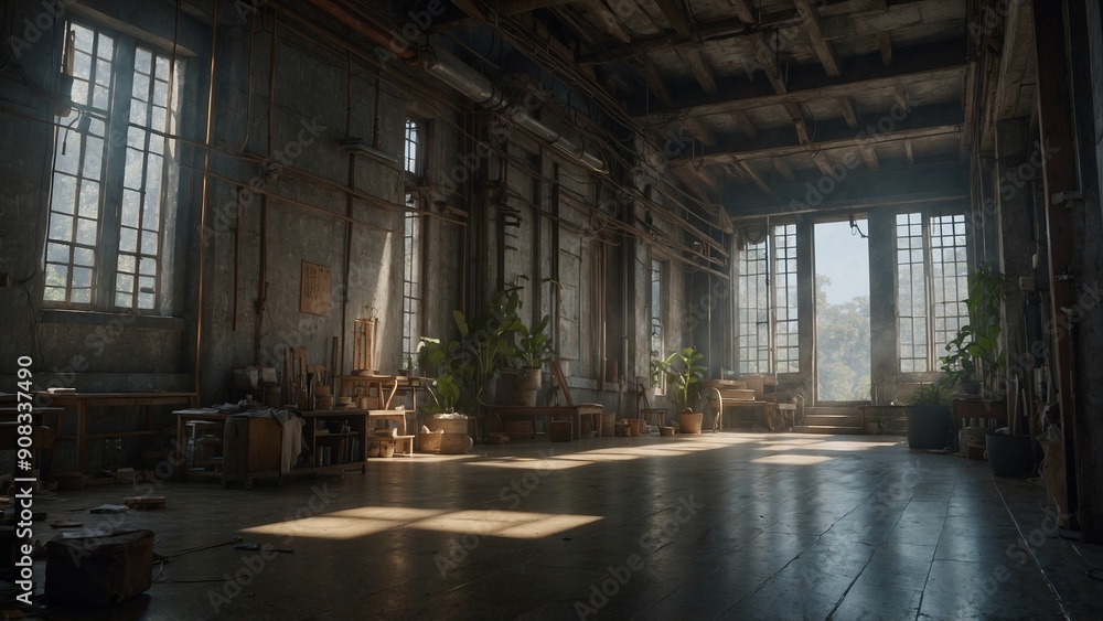 Spacious workshop with large windows and scattered plants inside Spacious workshop with large windows and scattered plants inside