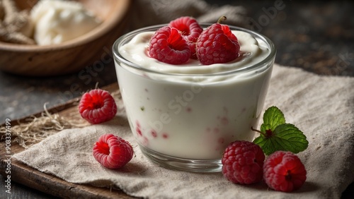 Wallpaper Mural Glass of yogurt topped with fresh raspberries on a tray Torontodigital.ca