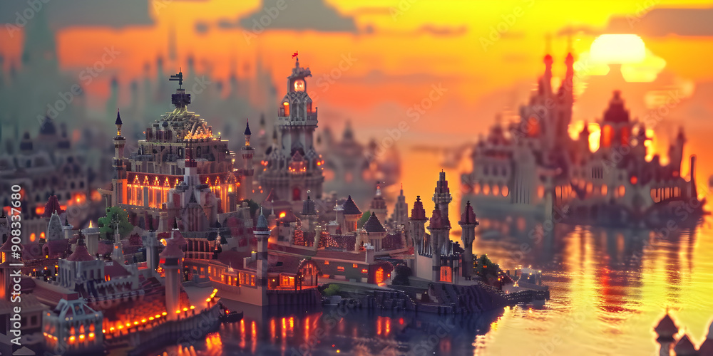 Obraz premium Sunset Over the Industrial Fantasy City 