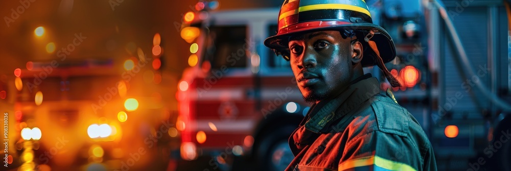 African American firefighter in night time fire station African American firefighter in night time fire station
