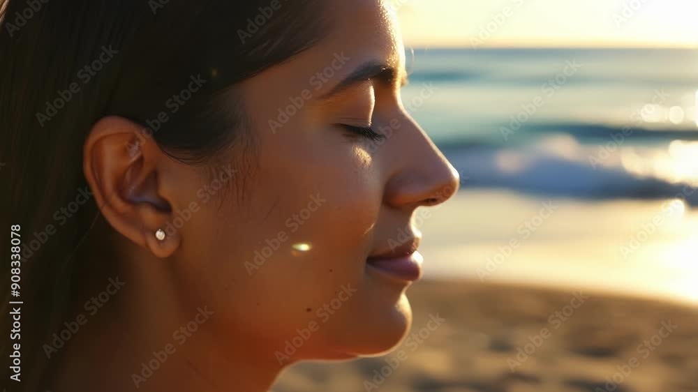 This closeup captures a person of Hispanic descent in deep meditation their face displaying a sense of inner calm. The background is a tranquil beach with waves gently lapping at This closeup captures a person of Hispanic descent in deep meditation their face displaying a sense of inner calm. The background is a tranquil beach with waves gently lapping at