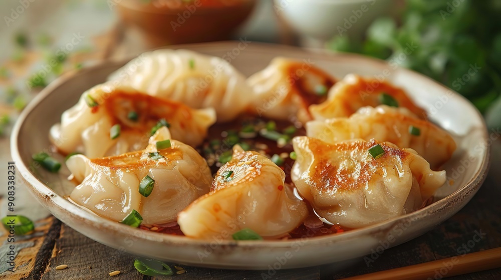 Close-Up of Pan-Fried Dumplings with Chili Oil and Green Onions (Food Photography) Close-Up of Pan-Fried Dumplings with Chili Oil and Green Onions (Food Photography)