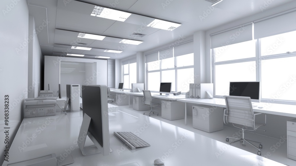 Fototapeta premium Corporate office interior with minimalist design and tech devices