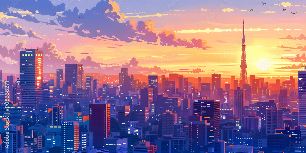 Fototapeta premium Anime Sunset Cityscape with Ninja Skyline 