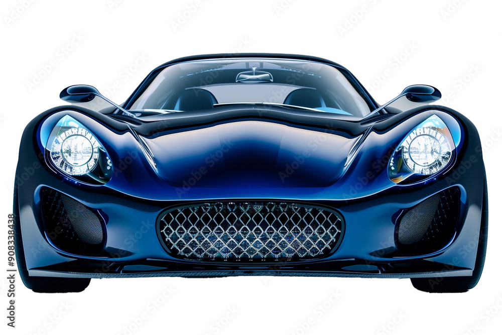 Front view of a shiny blue luxury Car isolated on a transparent background