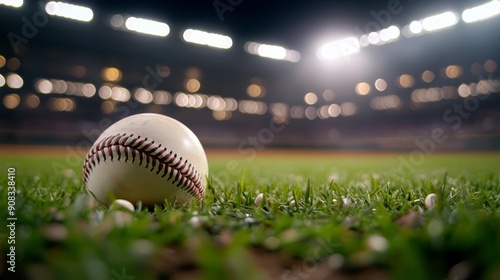 Baseball on field under bright stadium lights