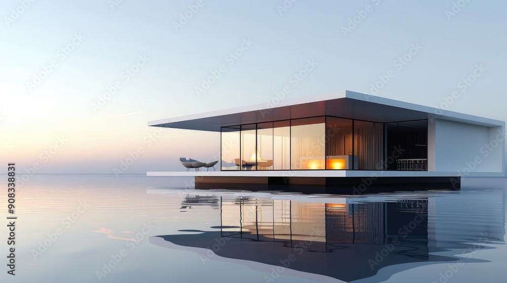 Fototapeta premium Floating building concept hovering above a reflective water surface