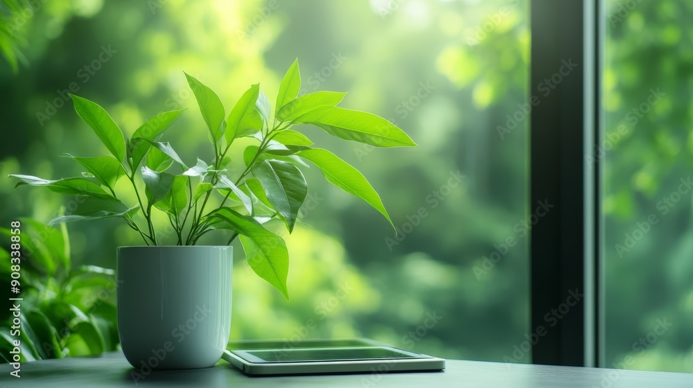 Potted Plant with Tablet on Table Potted Plant with Tablet on Table