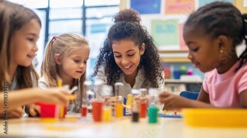 A bright classroom where young students are engaged in a hands-on science project, guided by their enthusiastic teacher, showcasing the excitement of discovery and the importance of interactive and
