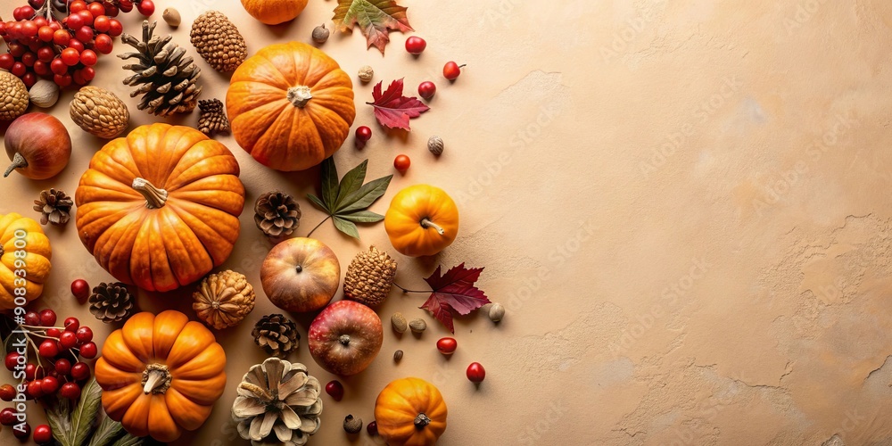 Fototapeta premium Autumn-themed flat lay of pumpkins, berries, acorns, and cones on beige table, Autumn, fall, minimal, concept, pumpkins, berries