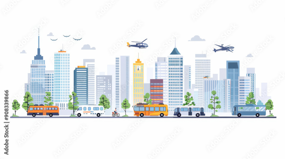 Obraz premium Illustrated cityscape with high-rise buildings, various public buses, helicopters in the sky, and trees lining the street, against a white background.