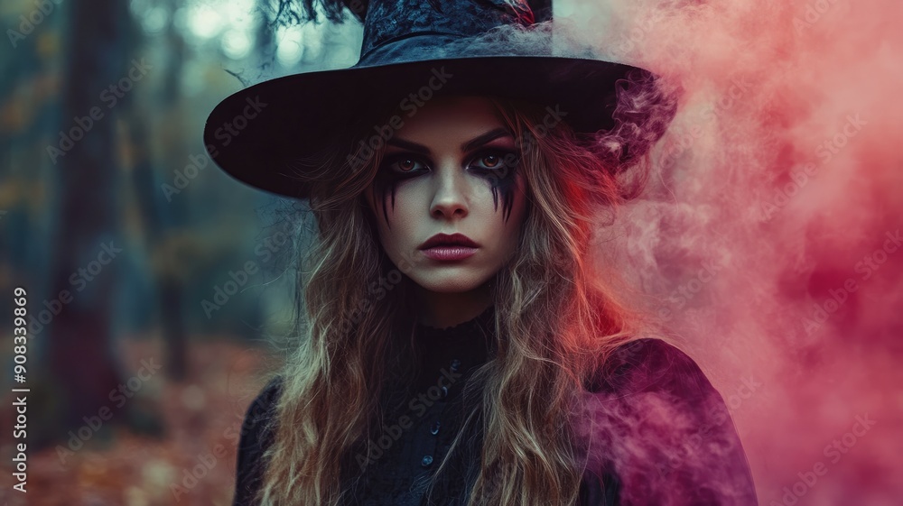 Caucasian female in witch costume, surrounded by fog forest setting Caucasian female in witch costume, surrounded by fog forest setting