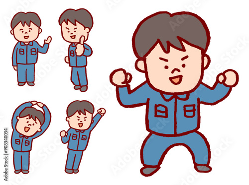 青っぽい制服を着た作業員の人物素材