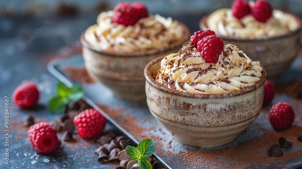 Delicious Tiramisu Dessert with Fresh Raspberries, Chocolate Shavings, and Whipped Cream - Food Photography Delicious Tiramisu Dessert with Fresh Raspberries, Chocolate Shavings, and Whipped Cream - Food Photography