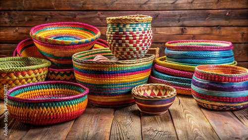 Vibrant colorful woven baskets in various shapes and sizes stacked together on a wooden table against a natural textured earthy background. photo