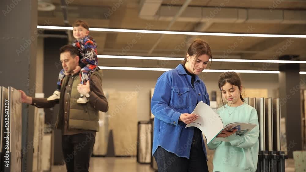 A young large family with two children carefully chooses ceramic tiles in a construction supermarket A young large family with two children carefully chooses ceramic tiles in a construction supermarket