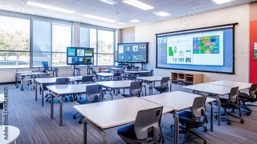 A modern classroom equipped with the latest technology, including interactive whiteboards, tablets, and other digital tools, with students and teachers seamlessly integrating these resources into photo